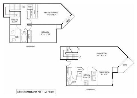 Floor plan for 2 beds, 1.5 baths, 1257 sqft