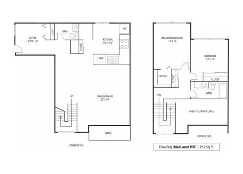Floor plan for 2 beds, 1.5 baths, 1152 sqft