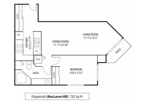 Floor plan for 1 bed, 1 bath, 732 sqft