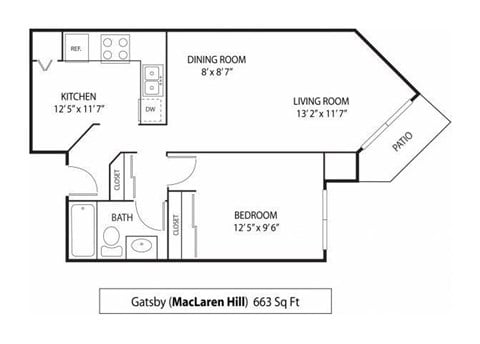 Floor plan for 1 bed, 1 bath, 663 sqft
