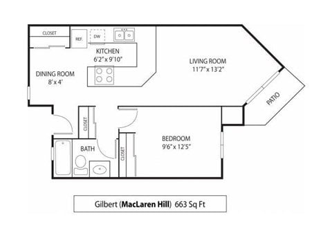 Floor plan for 1 bed, 1 bath, 663 sqft