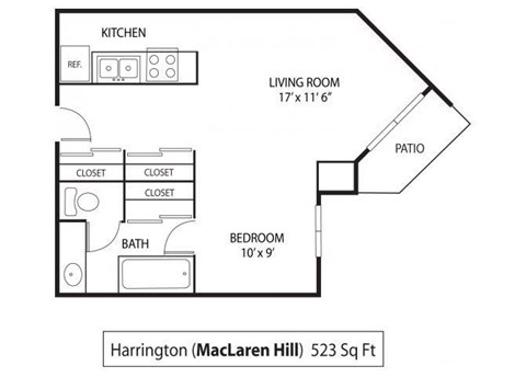 Floor plan for studio, 1 bath, 523 sqft