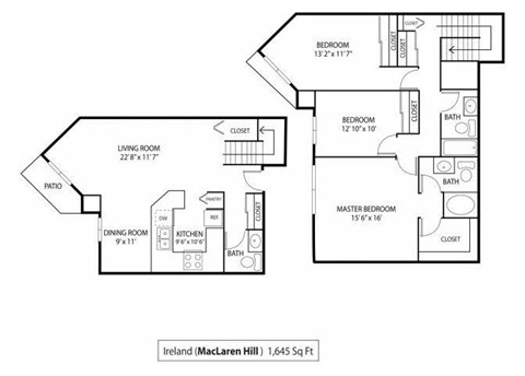 Floor plan for 3 beds, 2.5 baths, 1645 sqft