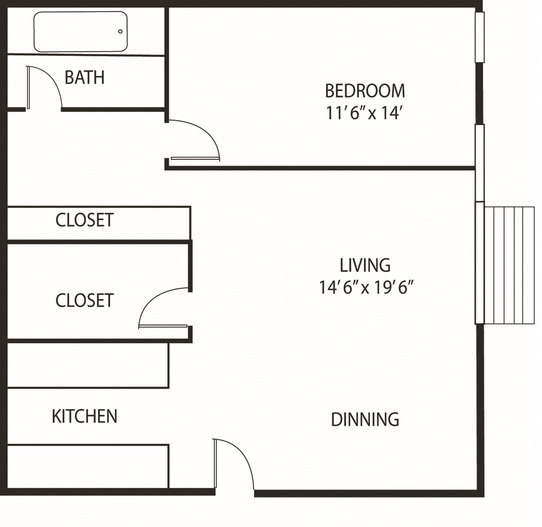 Floor plan for 1 bed, 1 bath, 764 sqft