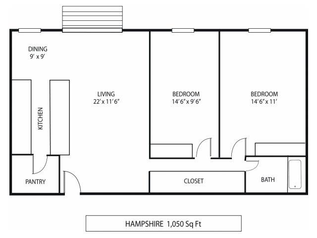 Floor plan for 2 beds, 1 bath, 1050 sqft