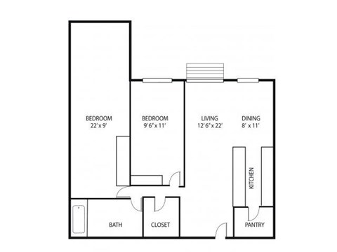 Floor plan for 2 beds, 1 bath, 1100 sqft