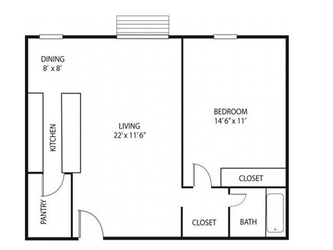 Floor plan for 1 bed, 1 bath, 740 sqft