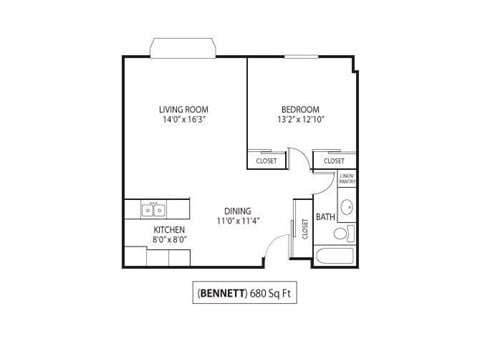 Floor plan for 1 bed, 1 bath, 680 sqft