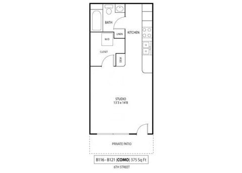Floor plan for studio, 1 bath, 375 sqft