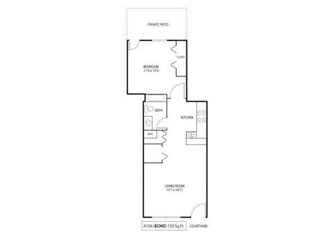 Floor plan for 1 bed, 1 bath, 729 sqft