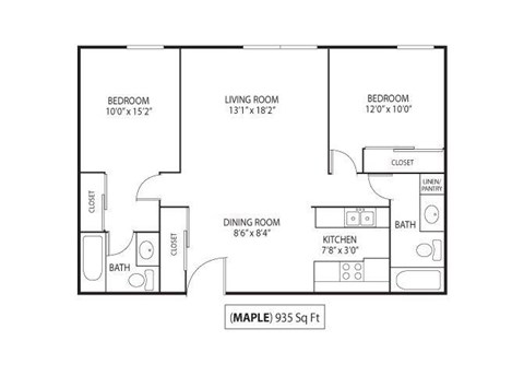 Floor plan for 2 beds, 2 baths, 935 sqft