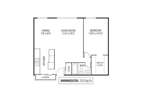 Floor plan for 1 bed, 1 bath, 725 sqft