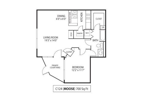Floor plan for 1 bed, 1 bath, 700 sqft