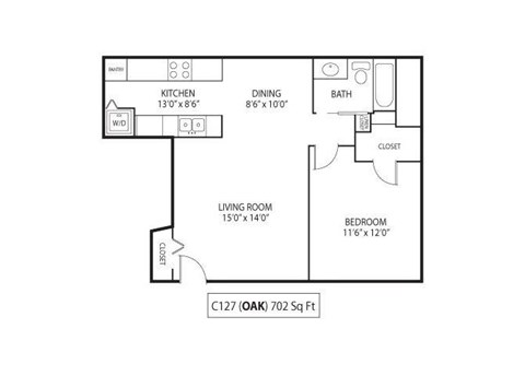 Floor plan for 1 bed, 1 bath, 702 sqft