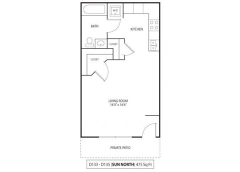Floor plan for studio, 1 bath, 475 sqft