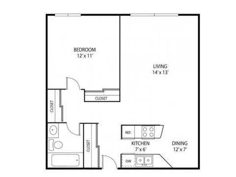 Floor plan for 1 bed, 1 bath, 625 sqft