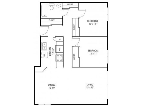 Floor plan for 2 beds, 1 bath, 925 sqft