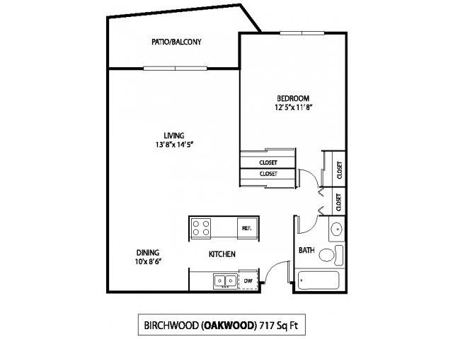 Floor plan for 1 bed, 1 bath, 717 sqft