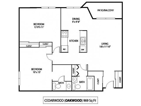 Floor plan for 2 beds, 1.5 baths, 969 sqft