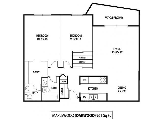 Floor plan for 2 beds, 1.5 baths, 961 sqft