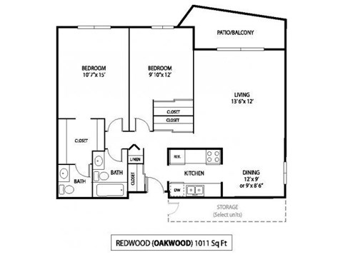 Floor plan for 2 beds, 1.5 baths, 1011 sqft