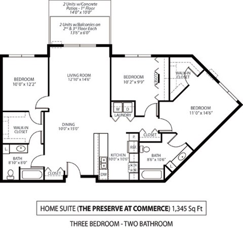 Floor plan for 3 beds, 2 baths, 1345 sqft