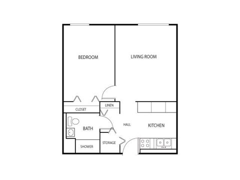 Floor plan for 1 bed, 1 bath, 459 sqft