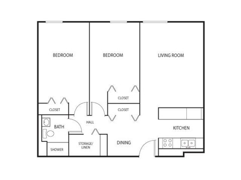Floor plan for 2 beds, 1 bath, 776 sqft