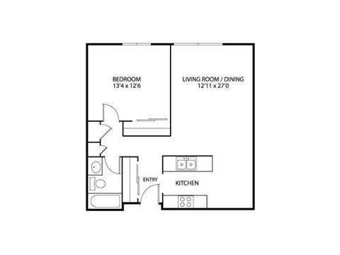 Floor plan for 1 bed, 1 bath, 708 sqft