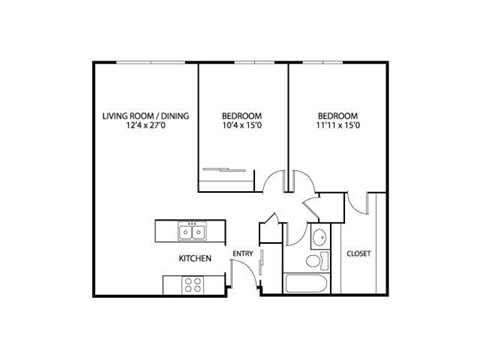 Floor plan for 2 beds, 1 bath, 938 sqft