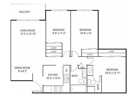 Floor plan for 3 beds, 2 baths, 1216 sqft