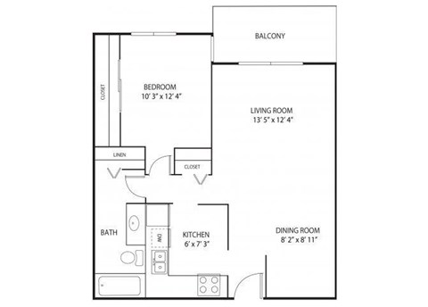 Floor plan for 1 bed, 1 bath, 732 sqft