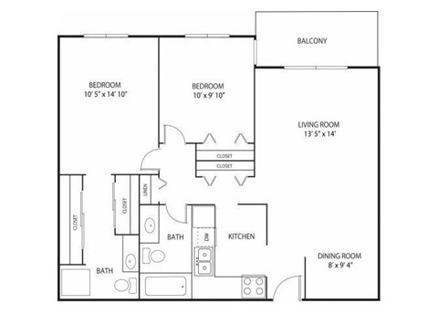 Floor plan for 2 beds, 2 baths, 978 sqft