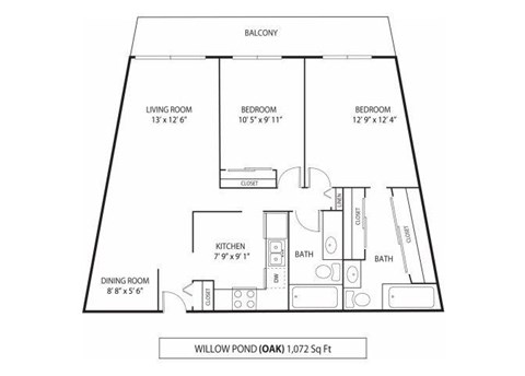 Floor plan for 2 beds, 2 baths, 1072 sqft