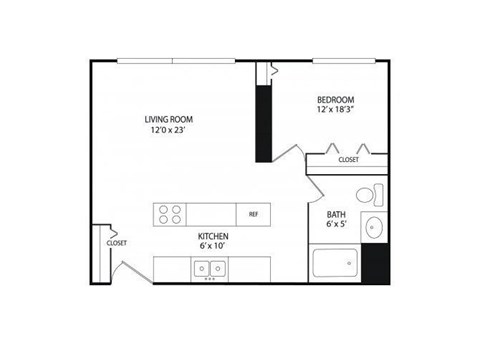 Floor plan for 1 bed, 1 bath, 545 sqft