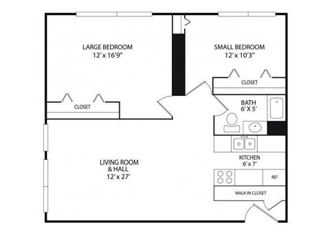 Floor plan for 2 beds, 1 bath, 760 sqft
