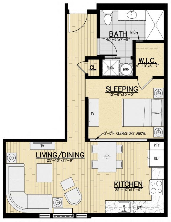 Floor plan for studio, 1 bath, 701 sqft