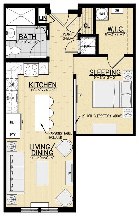 Floor plan for studio, 1 bath, 621 sqft