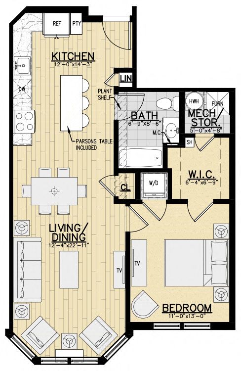 Floor plan for 1 bed, 1 bath, 775 sqft