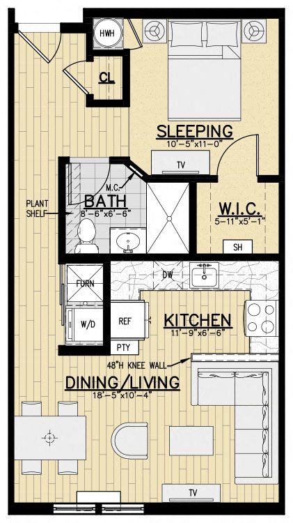 Floor plan for studio, 1 bath, 647 sqft