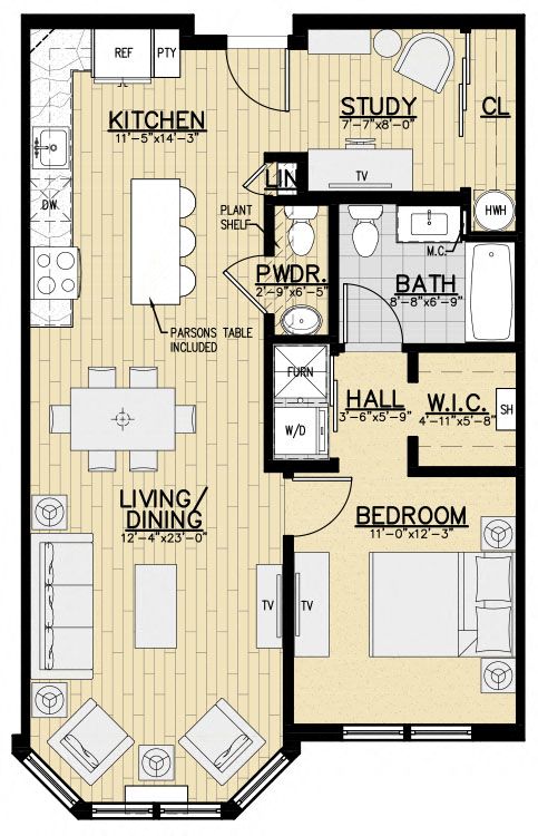 Floor plan for 1 bed, 1.5 baths, 864 sqft