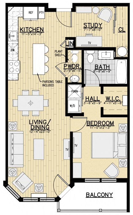 Floor plan for 1 bed, 1.5 baths, 864 sqft