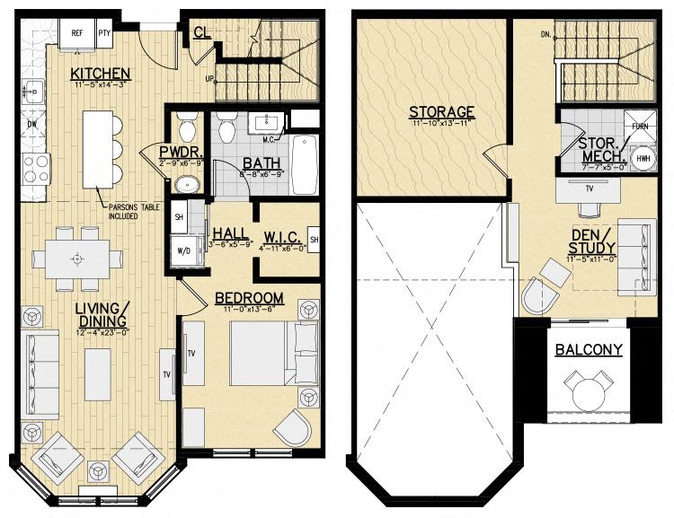 Floor plan for 1 bed, 1.5 baths, 1027 sqft