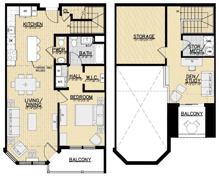 Floor plan for 1 bed, 1.5 baths, 1027 sqft
