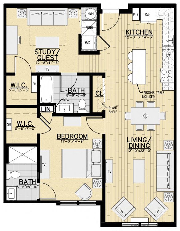 Floor plan for 1 bed, 2 baths, 1064 sqft