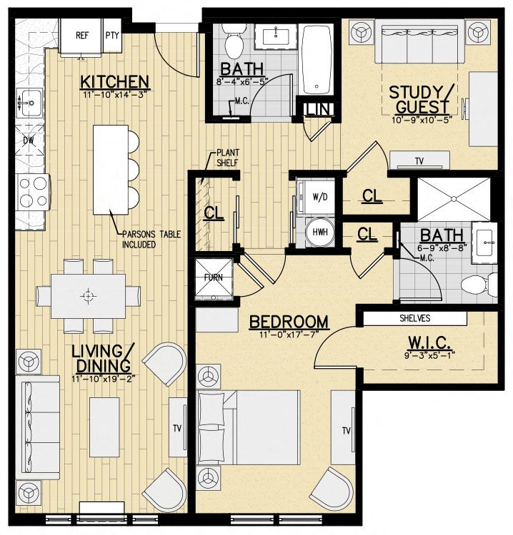 Floor plan for 1 bed, 2 baths, 1055 sqft