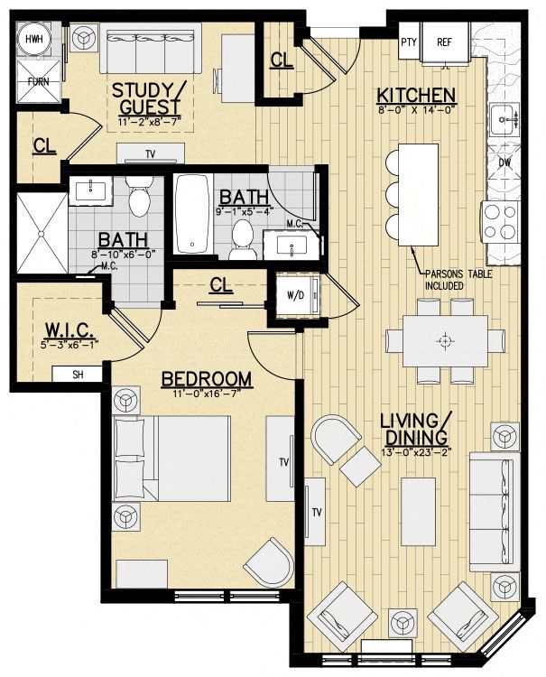 Floor plan for 1 bed, 2 baths, 1024 sqft