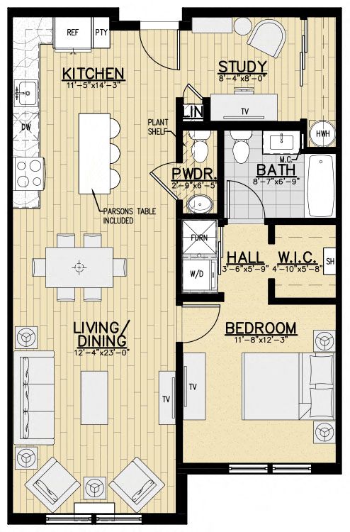 Floor plan for 1 bed, 1 bath, 900 sqft