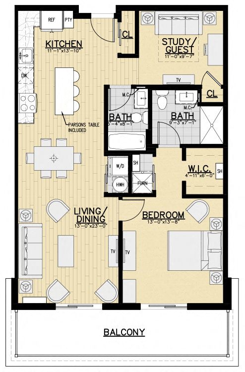 Floor plan for 1 bed, 2 baths, 1028 sqft