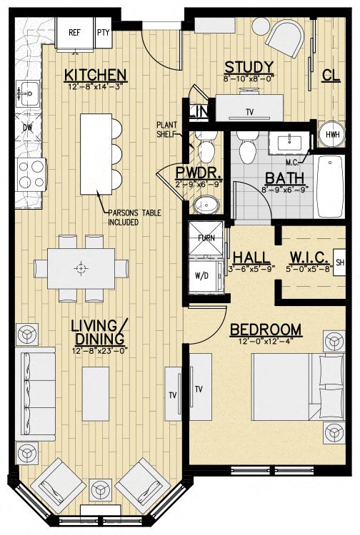 Floor plan for 1 bed, 1 bath, 908 sqft